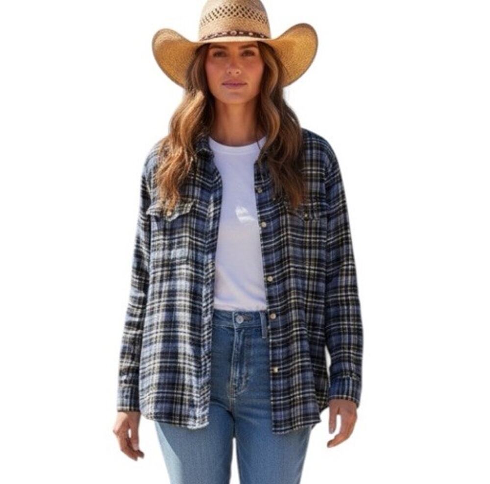 Faded Glory Plaid Flannel Shirt Women’s Size L Blue White Y2K 90s Grunge Western